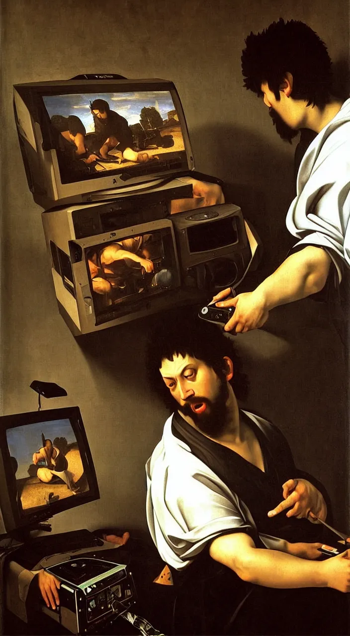 Image similar to Portrait of a man playing a video game on a CRT television. Painting by Caravaggio. Intricate details. hyper realism. Masterpiece.