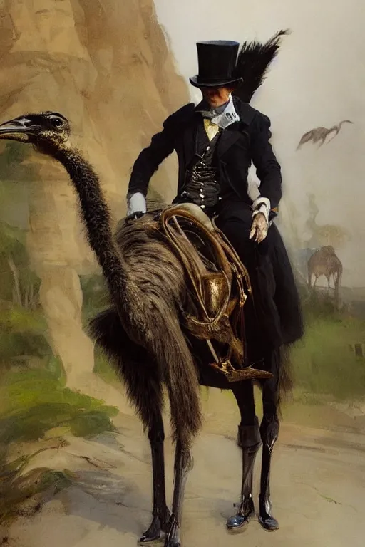 Image similar to portrait of a respectable dignified royal business elite politician wearing a top hat and coat tails riding on an ostrich, art by anders zorn, wonderful masterpiece by greg rutkowski, beautiful cinematic light, american romanticism by greg manchess, jessica rossier