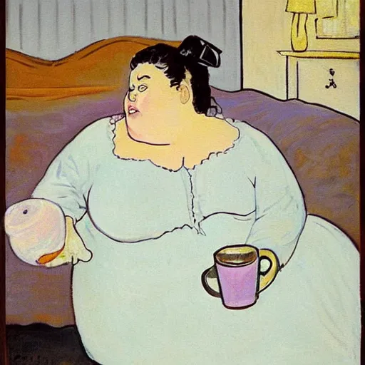 Image similar to a beautiful painting of a beautiful fat woman wearing a nightgown drinking coffee in a bed with white sheets in the style of in the style of Telous Lautrec