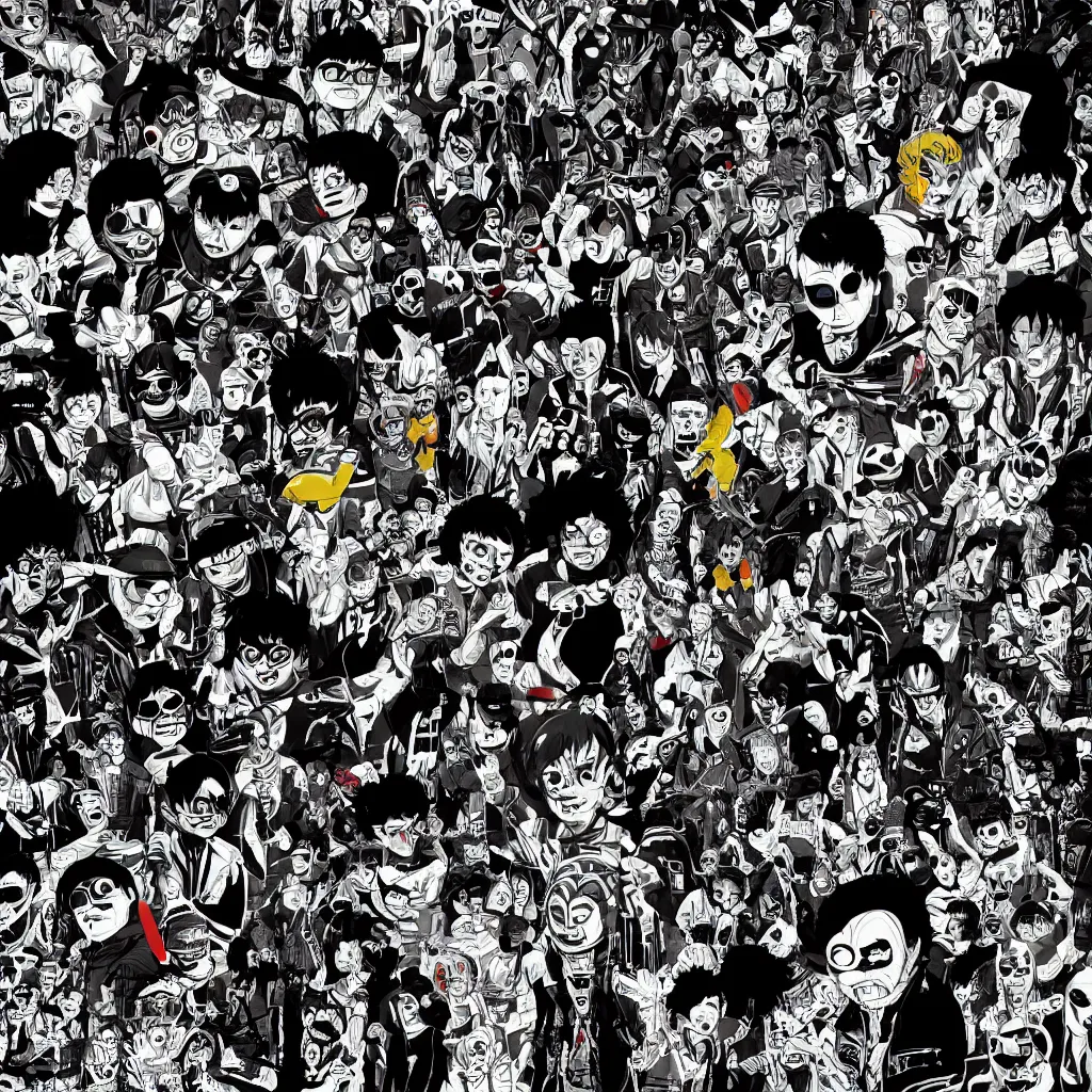 Image similar to faceless human figures, kazuo umezu artwork, jet set radio artwork, stripes, tense, space, cel - shaded art style, broken rainbow, ominous, minimal, cybernetic, cowl, dots, stipples, thumbprint, dark, eerie, motherboards, crosswalks, guts, folds, tearing