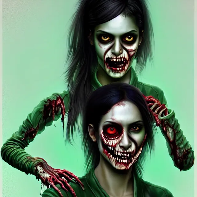 Prompt: epic professional digital airbrushed portrait art of a fit and athletic, extremely attractive mid-20s East Indian supermodel emo female zombie, smiling, perfectly symmetrical face, wearing a shirt under a leather jacket, with deep green eyes, scary portrait, walking dead, best on artstation, cgsociety, wlop, Behance, pixiv, cosmic, epic, stunning, gorgeous, glamour lighting, glamour head-shot, torso slightly right, face to camera, masterpiece by Dorian Cleavanger and Stanley Lau