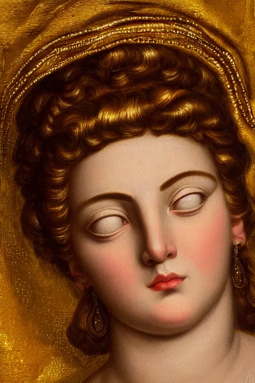 Image similar to Ruth, face closeup, ultra detailed, gold, dressed in roman clothes, ultra detailed, art by Guido Reni style