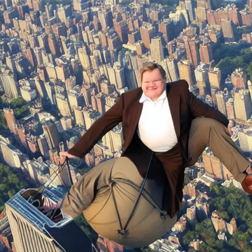 Image similar to Andy Richter wearing a brown suit and necktie riding in the basket of a hot air balloon above nyc