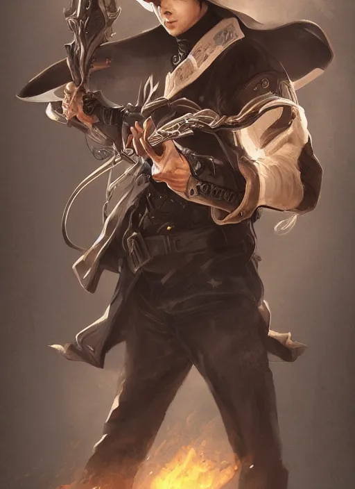 Image similar to a highly detailed illustration of cha eunwoo as a cowboy wearing black cowboy hat, dramatic wielding gun pose, perfect face, intricate, elegant, highly detailed, centered, digital painting, artstation, concept art, smooth, sharp focus, league of legends concept art, wlop