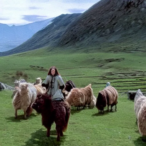 Image similar to still from lord of the rings showing the ride of the rohirrim, but on alpacas