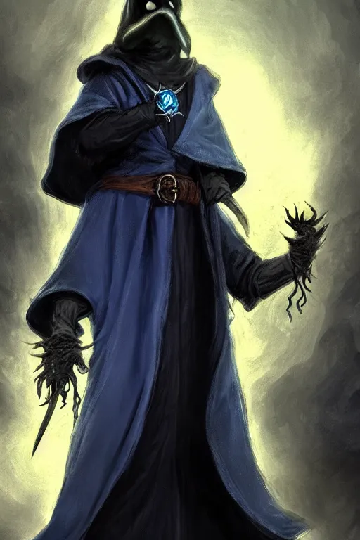 Image similar to a plague doctor with a blue wizard robe as a d & d character, blue robe, magical, black fur armor, harry poter, concept sheet, painting by gaston bussiere, demon slayer, gta loading screen art, dramatic lighting, anime