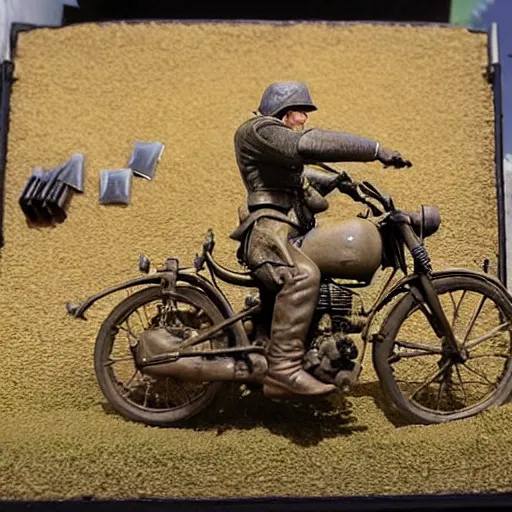 Prompt: highly detailed diorama of fonzie riding his motorcycle through a ww 1 battlefield in the somme, with bullets and explosions all around