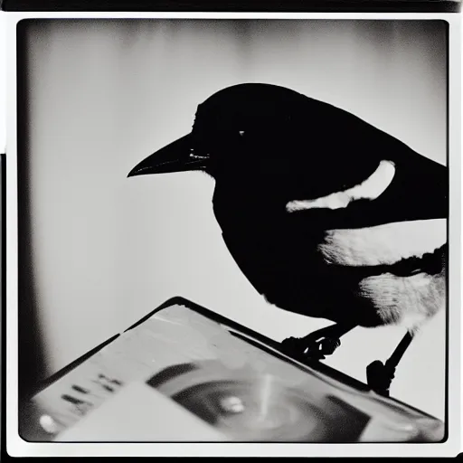 Prompt: close - up, photo of a magpie in a hoodie, holding a vinyl record, 9 0 - s, polaroid photo, by warhol,