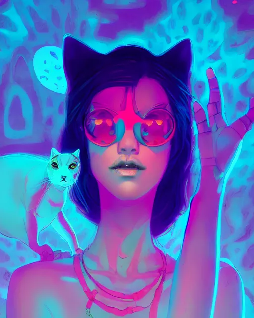 Image similar to lsd, acid trip, a beautiful woman with ( cat ) features, dramatic lighting, by lois van baarle, ross tran, greg rutkowski, ultra detailed colorful repeating fractals in the background by moebius, beeple, artstation