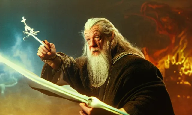 Prompt: gandalf with large electronic robotic arm and hand battling the balrog 3 5 mm photograph