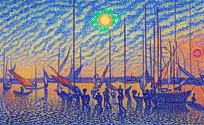 Image similar to crowd gathers to watch the sunset at tel aviv port, by paul signac, colorful, golden