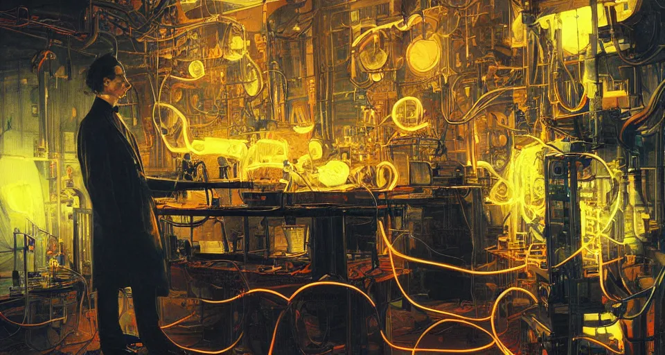 Prompt: nikolai tesla in his lab, glowing jacket, electrical arcs, neon glow, highly detailed, digital art, intricate, dramatic lighting, steampunk, neon colors, cinematic, art by norman rockwell, greg rutkowski, beksinski