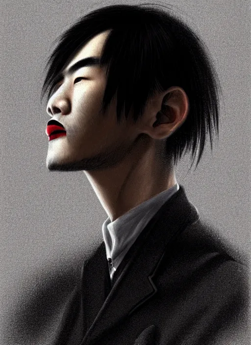 Image similar to portrait of a japanese man with a crooked nose and a confident expression, 1 9 6 0 s, black clothes, goth, punk, brightly coloured hair, funk, intricate, elegant, highly detailed, digital painting, artstation, concept art, smooth, sharp focus, illustration, art by wlop, mars ravelo and greg rutkowski