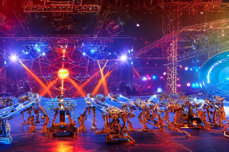 Prompt: stage from the show america got talent, on stage are 4 golden and blue metal humanoid steampunk robots dancing, robots are wearing gears and tubes, eyes are glowing red lightbulbs, shiny crisp finish, 3 d render, 8 k, insaneley detailed, fluorescent colors, nightlight