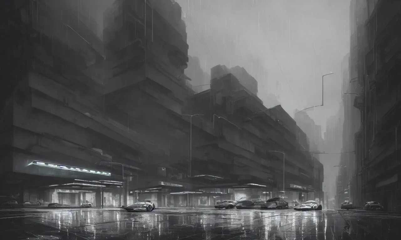 Image similar to high resolution photograph, streetscape, simple brutalist architecture, metal, concrete, wet streets, white neon lights, neon signs, flying cars, pedestrians, greg rutkowski, syd mead, ralph mcquarrie, concept art, matte painting, finely detailed, minimal artifacts, rule of thirds, dynamic lighting, cinematic, denoised, centered, artstation