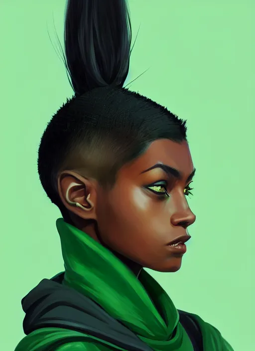 Prompt: photographic portrait of an handsome young black woman with a mohican haircut and green eyes in a back hoodie, flat lighting, elegant, highly detailed, digital painting, artstation, concept art, sharp focus, star wars, illustration, art by akira toriyama