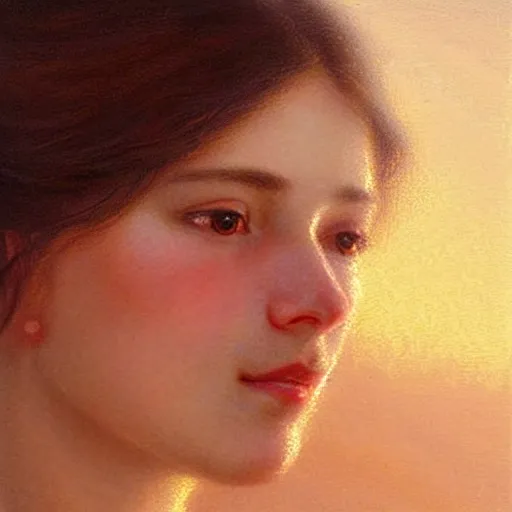 Image similar to Facial portrait of a cute shy woman, looking away from the camera, seductive smile, sparkle in eyes, lips slightly parted, long flowing hair, no hands visible, intricate, extremely detailed painting by Henry Justice Ford and by Greg Rutkowski and by Moebius, golden hour