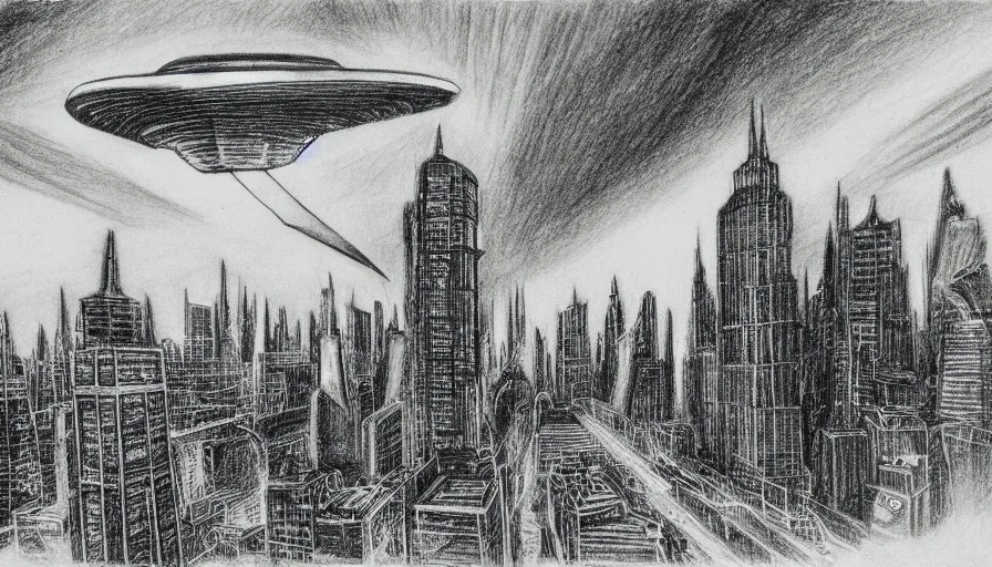 Prompt: alien spaceship soaring between skyscrapers at great speed, highly detailed 1 9 th century charcoal and pencil drawing, high contrast