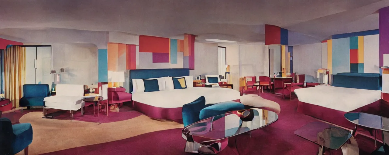 Prompt: Hotel room interiors, 60s futurism, color photos