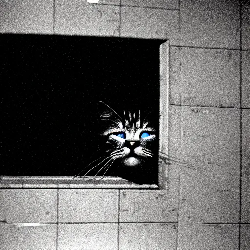 Image similar to depiction of the feeling of hopelessness, worthlessness, loneliness, of a cat, sad, frightening, depressing, miserable, stunning, intelligent, stark, vivid, sharp, crisp, ultra ambient occlusion, reflective, universal shadowing, 3 5 mm, ( 2 0 8 6 ) scary horror film still, extremely atmospheric lighting.