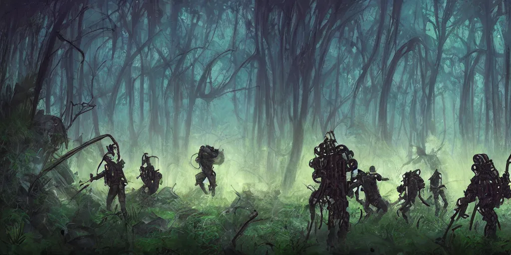 Image similar to guerrillas reed - people fighting robot in futuristic spiritual mystical post apocalyptic swampy forest drawn by ron gilbert, dim painterly volumetric aquatic lighting, scenic, beautiful, crisp, artstation, highly detailed