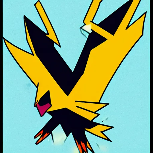 Prompt: zapdos. thunderbird pokemon. zapdos zapdos zapdos. spiky bird. birdform. flying lightning bird. yellow color.