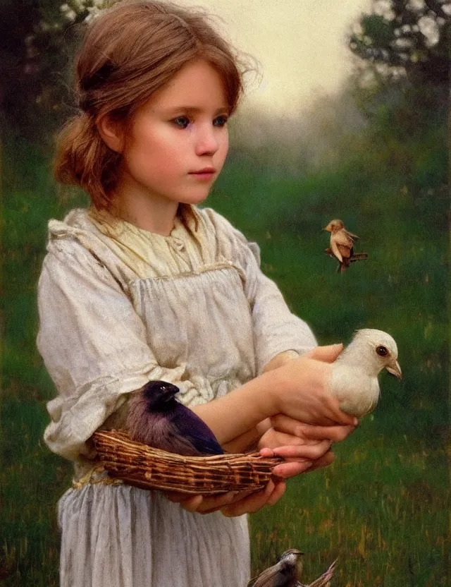 Image similar to portrait of little peasant girl holding bird in her hands, cottage core, cinematic focus, polaroid photo bleached vintage pastel colors high - key lighting, soft lights, foggy, by steve hanks, by lisa yuskavage, by serov valentin, by tarkovsky, 8 k render, detailed, oil on canvas