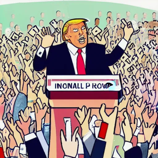 Image similar to enoumous crowd of millions of people, everyone is laughing and pointing at an donald trump on a podium with no pants. low - fi cartoon.