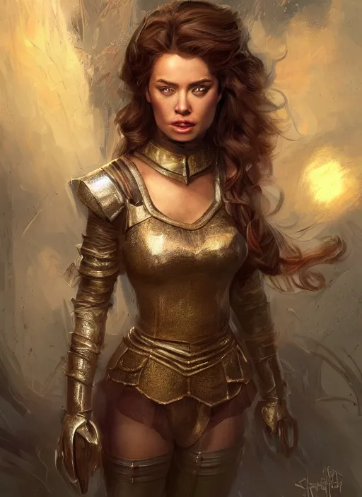 Image similar to beautiful female dorothy gale, rebecca romijn as dorothy, full body character concept, covered in full iron armor, super powers, fantasy, intricate, elegant, highly detailed, digital painting, artstation, concept art, shining, sharp focus, illustration, art by stanley lau