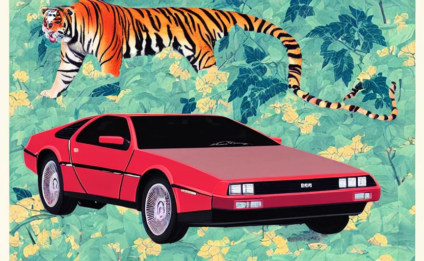 Prompt: a red delorean and a yellow tiger, colourful magazine collage, art by hsiao - ron cheng and utagawa kunisada