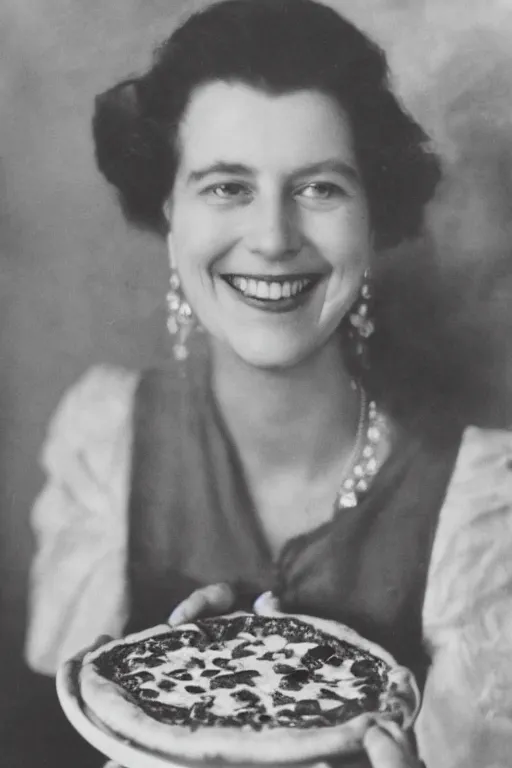 Prompt: historical photo of queen margherita ( savoy ) smiling seductively at her pizza margherita, closeup photo, portrait photo, diffuse light, acclaimed masterpiece
