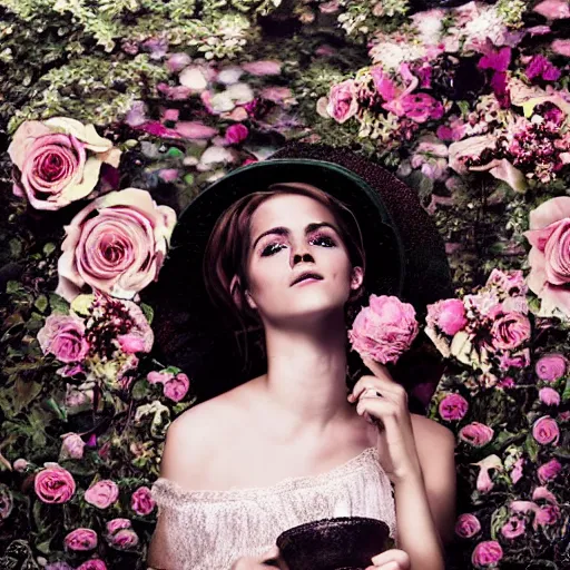 Prompt: washed out on worn out canvas textured canvas wall full body fashion model emma watson smokey eyes makeup eye shadow fantasy, glow, shimmer as victorian woman in a long white frilly lace dress and a large white hat having tea in a sunroom filled with flowers, roses and lush fern flowers ,intricate, night, highly detailed, dramatic lighting , high quality