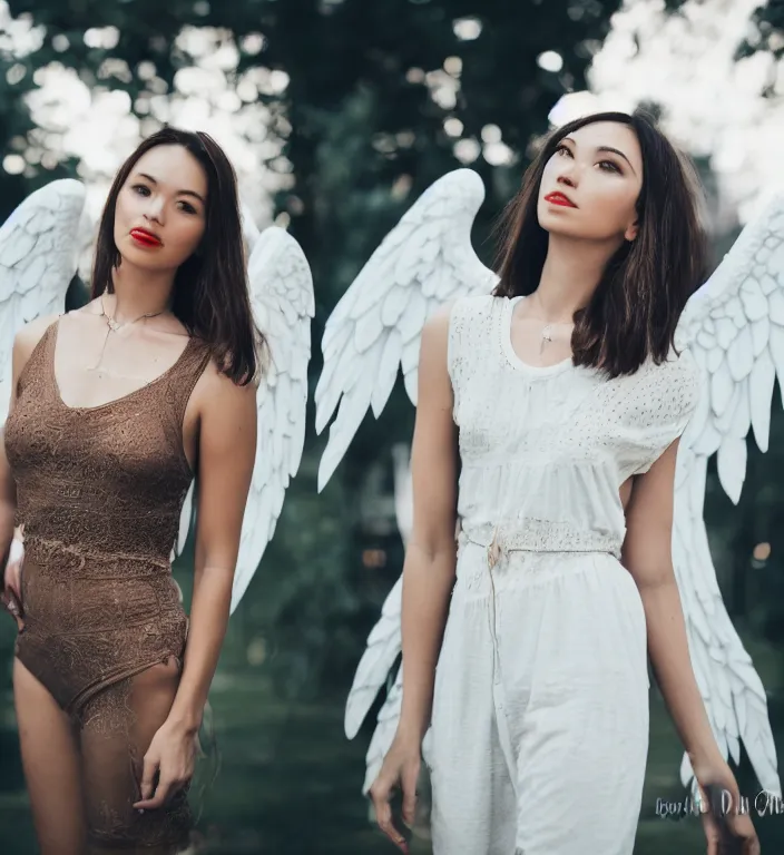 Image similar to centered waist up portrait photography an angel + bokeh + DOF + 8k, photorealistic