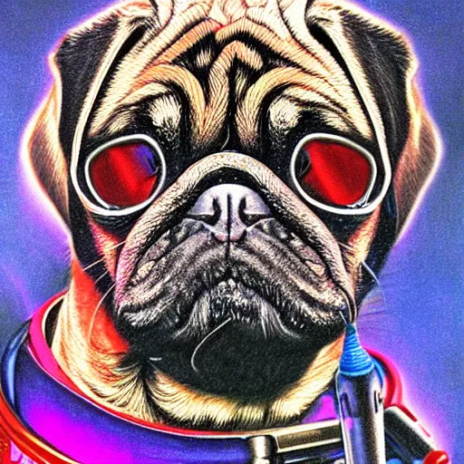 Prompt: 4 k, extra detail, pencil art, psychedelic, pug and astronaut painted by greg hildebrandt