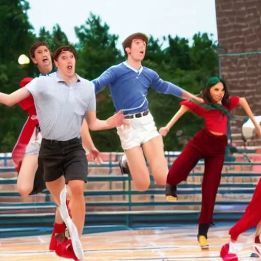 Image similar to Live Action Still of Jerma in High School Musical, real life, hyperrealistic, ultra realistic, realistic, highly detailed, epic, HD quality, 8k resolution, body and headshot, film still