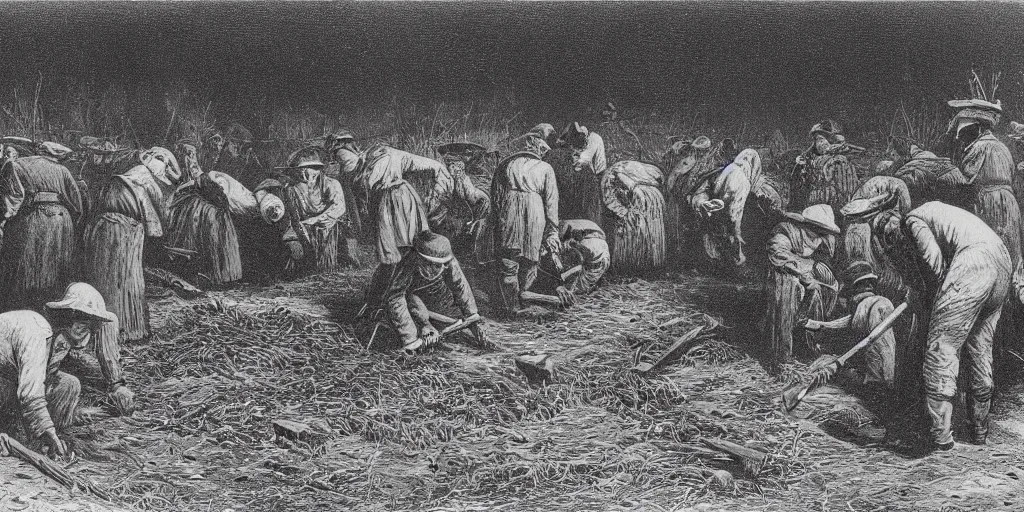 Prompt: Townsfolk digging up a grave at night, torches, 1880's, high angle
