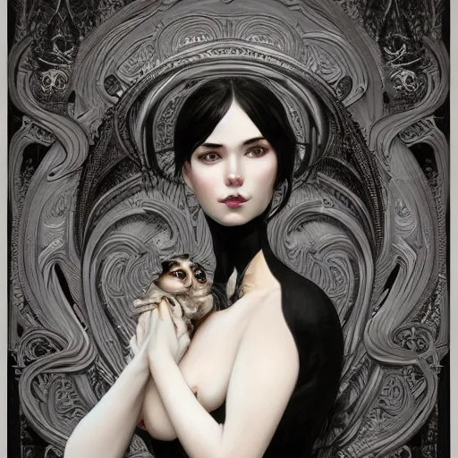 Prompt: a photograpic portrait of a anthropomorphic dog people wearing black clothes, black hair, grey skin, grey ears, fantasy, intricate, elegant, highly detailed, digital painting, artstation, smooth, sharp focus, illustration, art by artgerm and H R Giger and alphonse mucha