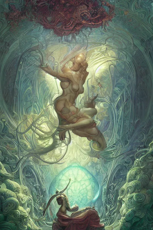 Image similar to god of portals, tarot card, fantasy drawing made of fractals, ultra realistic, wide angle, art nouveau, intricate details, rainbowshift, vivid colors, highly detailed by peter mohrbacher, wayne barlowe, maxfield parrish, aaron horkey, gaston bussiere, craig mullins