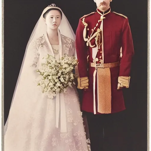 Image similar to a wide full shot, colored russian and japanese mix historical fantasy of a photograph portrait taken of a royal wedding processional ceremony, photographic portrait, warm lighting, 1 9 0 7 photo from the official wedding photographer for the royal wedding.