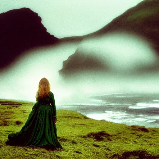 Image similar to dark and moody 1 9 7 0's artistic spaghetti western film in color, a woman in a giant billowy wide long flowing waving green dress, standing inside a green mossy irish rocky scenic landscape, crashing waves and sea foam, volumetric lighting, backlit, moody, atmospheric, fog, extremely windy, soft focus