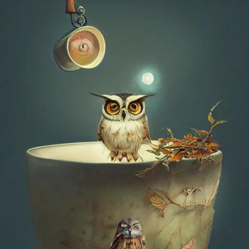 Image similar to long shot of a very cute young owl sleeping in a tea cup, by esao andrews, by james jean, marc simonetti, humorous illustration, hyperrealistic, big depth of field, fresh colors, dim light, 3 d octane render conceptart, 4 k, hyperdetailed, trending on artstation