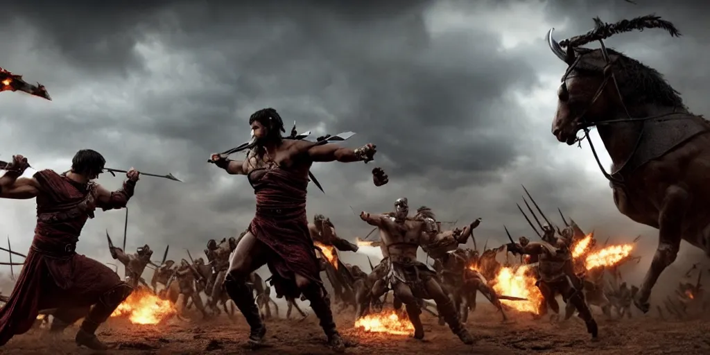 Image similar to epic battle screen of hero, film still from the movie'3 0 0'( 2 0 0 6 ), 3 d, 8 k realistic, cryengine, playstion 5 screen, cinematic lighting