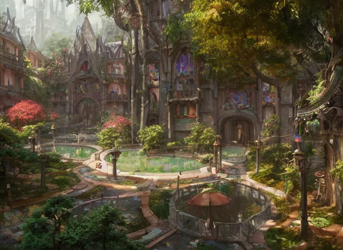 Prompt: A wide open courtyard in a beautiful, colorful elven city made of ivory, anime, lush trees, fountain, a fantasy digital painting by Greg Rutkowski and James Gurney, trending on Artstation, highly detailed