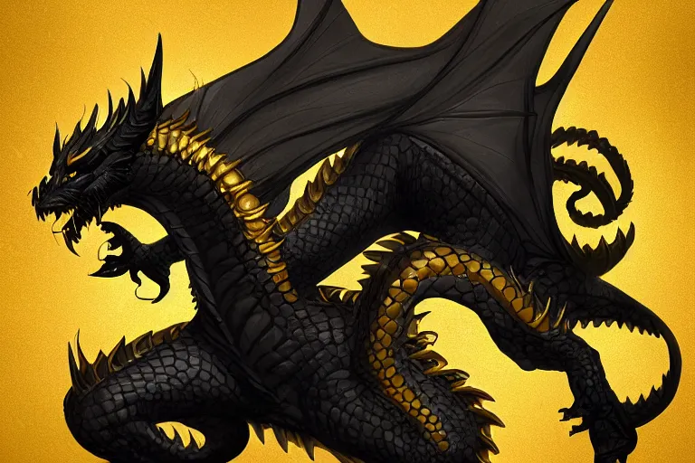 Prompt: full body digital illustration ofa young dragon of black and gold by randy vargas, studio lighting, concept art, matte background, deviantart, artstation