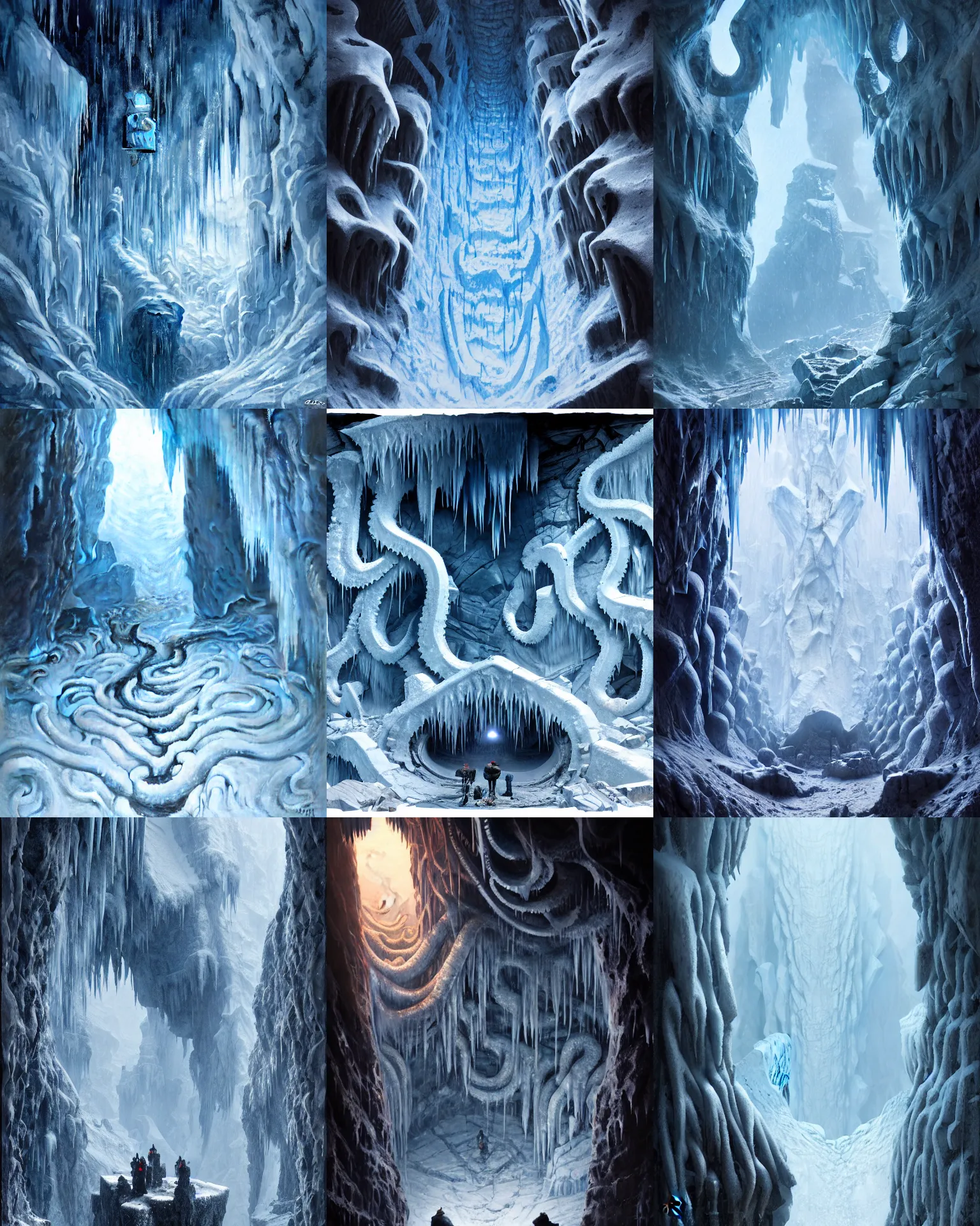 Prompt: carved symbols on icy wall of cavern, frozen floor, giantic cove, mountains of madness, evil fluid, tentacles, creepy, by greg rutkowski