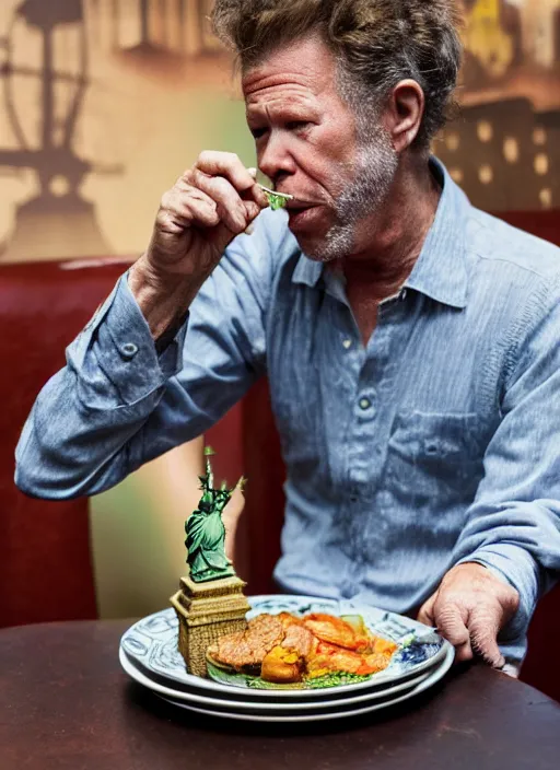 Prompt: Tom Waits eating a miniature Statue of Liberty on a plate in a restaurant, color photograph portrait 4k