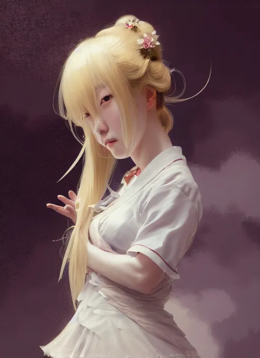 Image similar to portrait of a beautiful japanese girl with blonde hair dressed as a french maid, elegant, highly detailed, digital painting, 8 k, concept art, smooth, sharp focus, illustration, ethereal, misty, octane render, by ruan jia and zeen chin and greg rutkowski and alphonse mucha