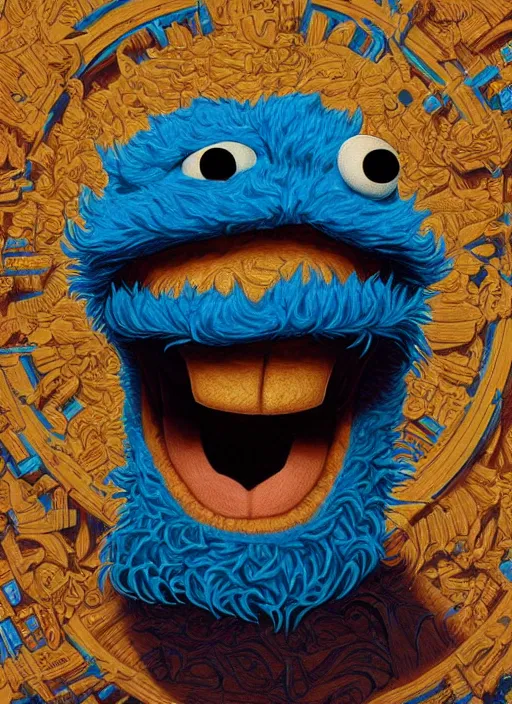 Prompt: portrait of Deliriously happy Cookie Monster in Society (1989), intricate, highly detailed, centered, solid color background, digital painting, artstation, concept art, smooth, sharp focus, illustration, artgerm, donato giancola, Joseph Christian Leyendecker, WLOP, Artgerm