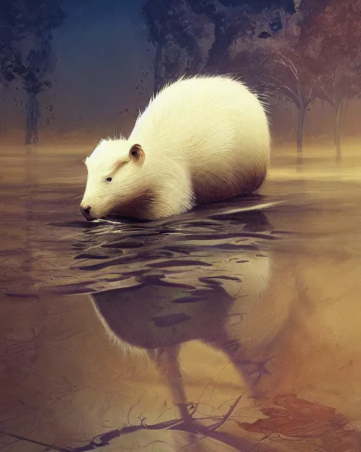 Prompt: white capybara with cthulhu like features, surreal photography, dramatic light, impressionist painting, digital painting, artstation, kilian eng, john harris, bastien lecouffe - deharme, simon stalenhag