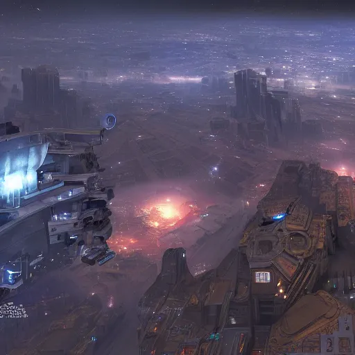 Image similar to night on nar shaddaa, overhead view, distance shot, 4 k resolution, realistic, matte painting